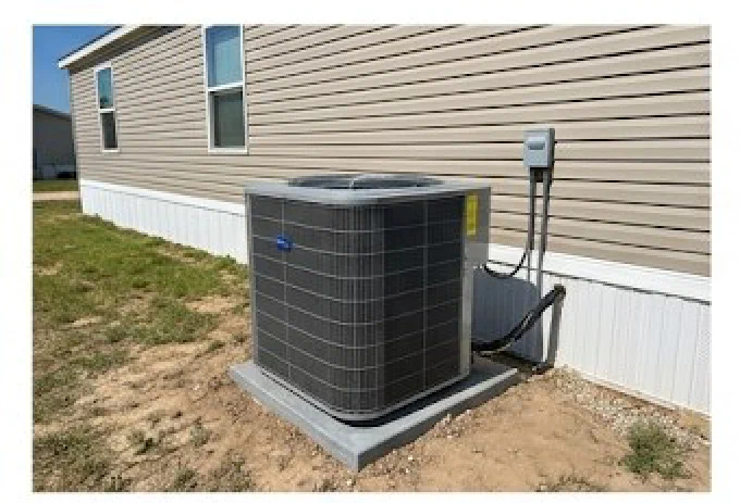 Outdoor AC condenser unit installed beside a mobile home