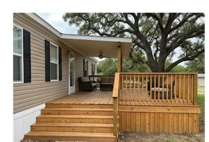 Wood deck with steps and railing attached to a Lavaca County mobile home