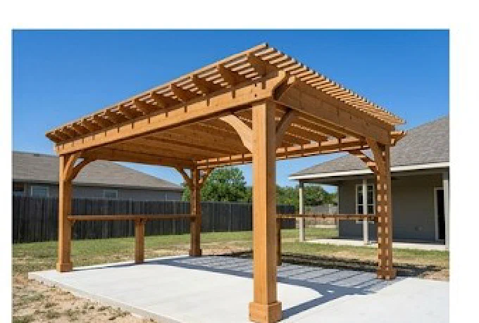 Cedar pergola built next to a manufactured home